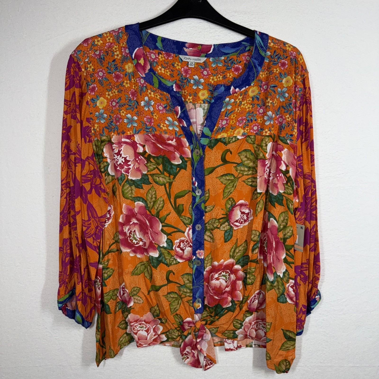 John Mark Top Floral Printed Split V-Neck 3/4 Sleeve Hi-Low Hem Button-Front 2x